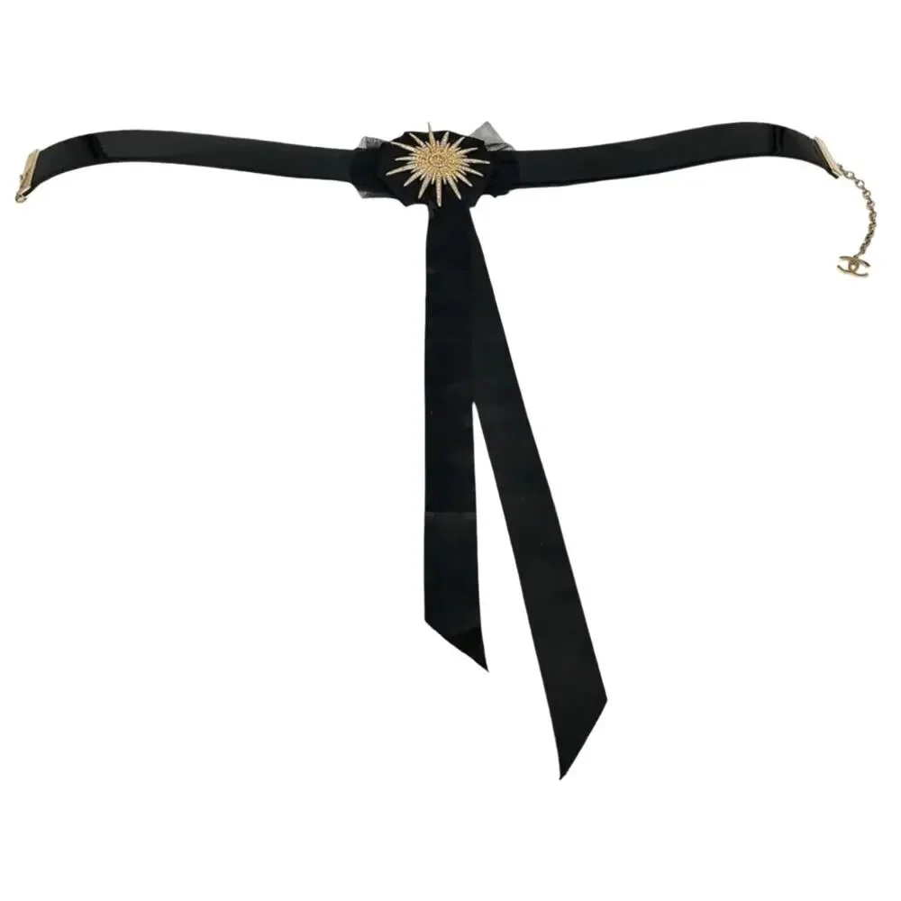 Chanel Black Leather and Grosgrain Belt - Detachable Brooch - Sz34